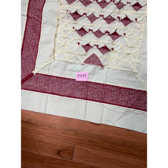 Vintage Handmade Pineapple Quilt Top 27"x23" Red & Cream with Blue Bow Appliqué - Picture 7 of 7